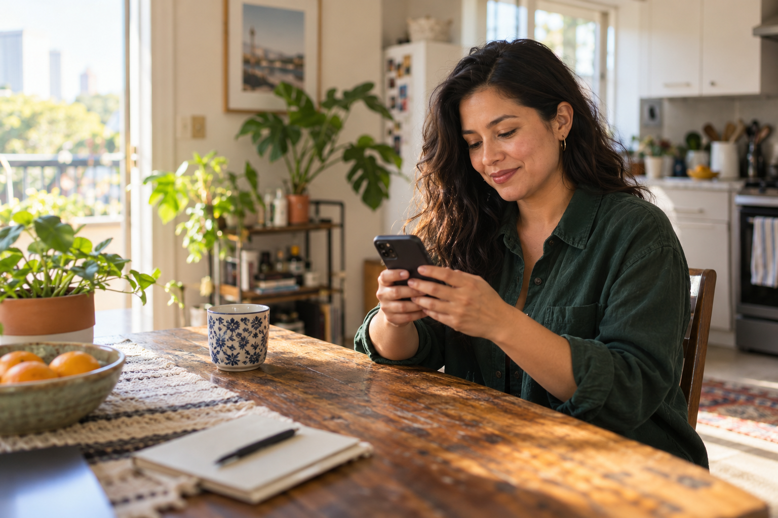 A woman checking her phone at her kitchen table.
